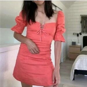 WILFRED Stanza Dress Linen Mini Puff Sleeve Coral Whimsigoth Corset XXS Aritzia